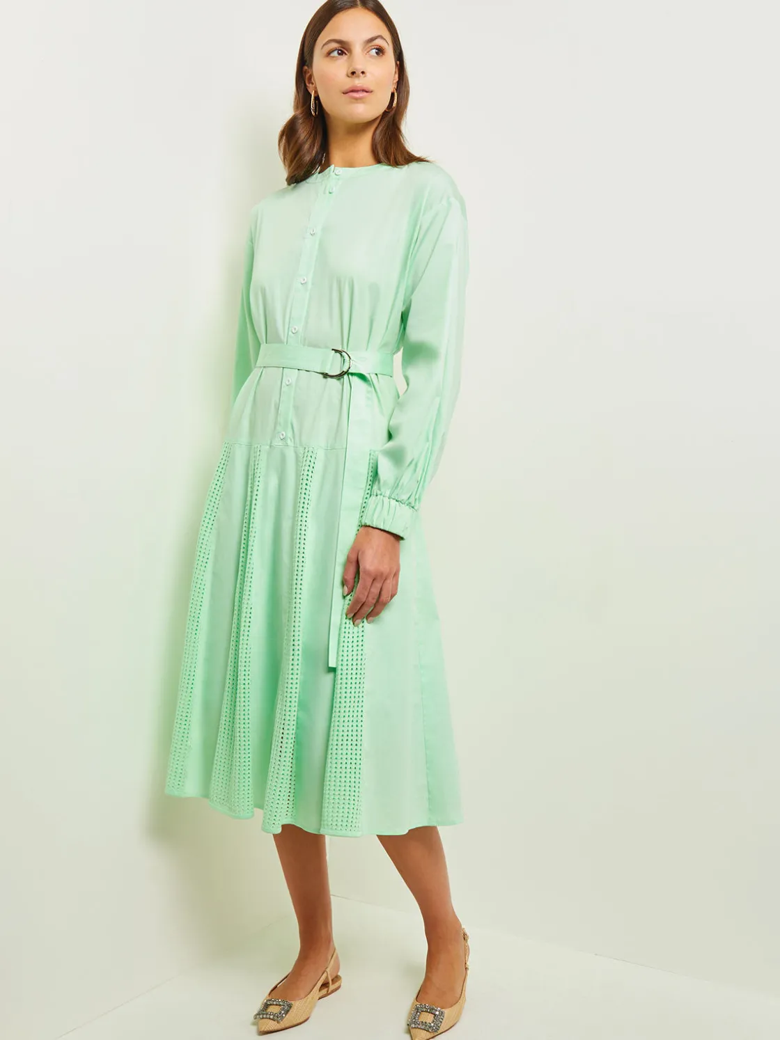 Misook Dresses|Midi Drop Waist Dress - Pointelle Stripe Mixed Media