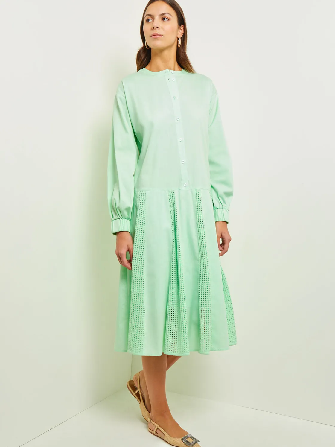 Misook Dresses|Midi Drop Waist Dress - Pointelle Stripe Mixed Media