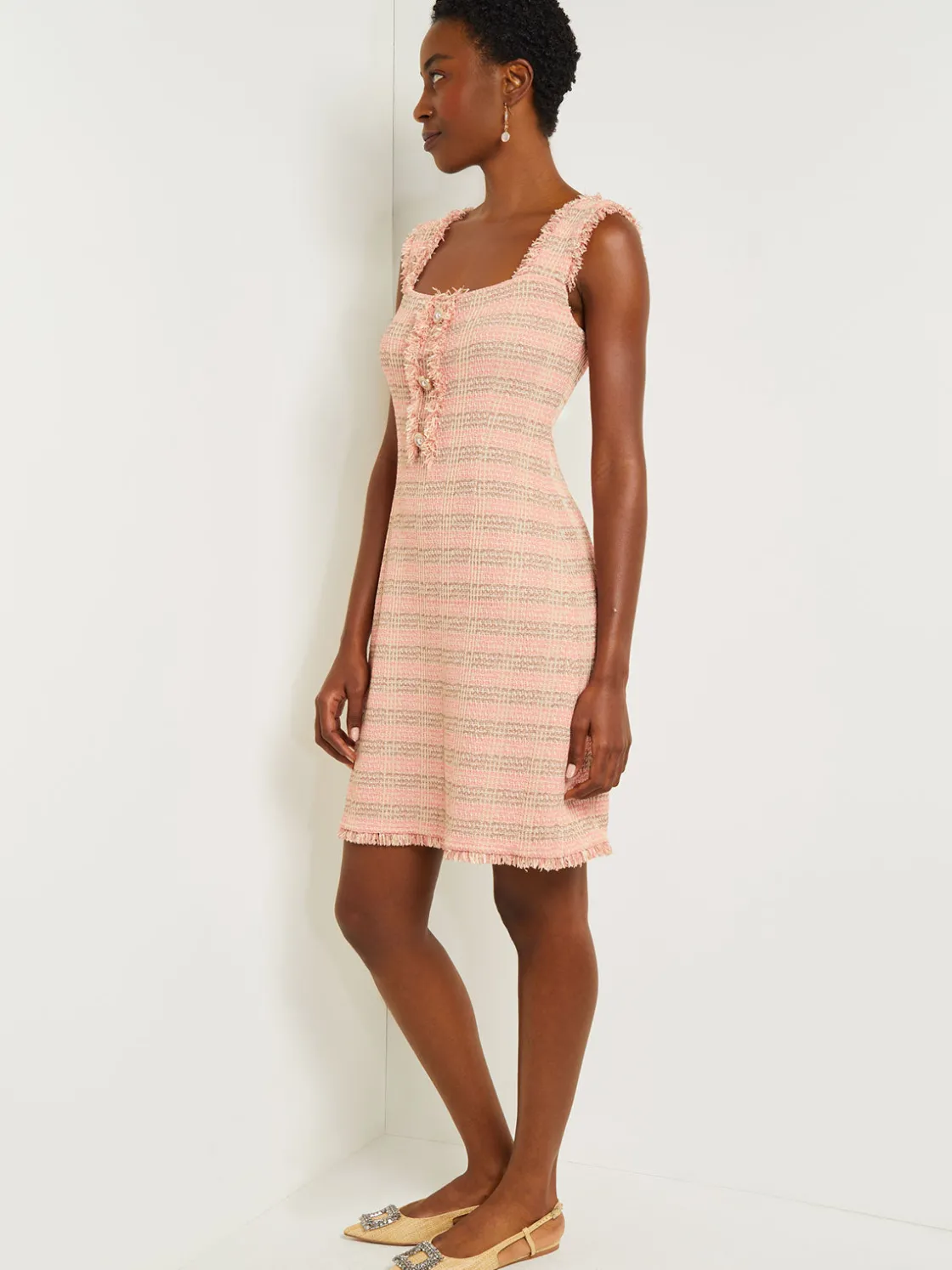 Misook Dresses|Mini A-Line Dress - Fringe Trim Tweed Knit