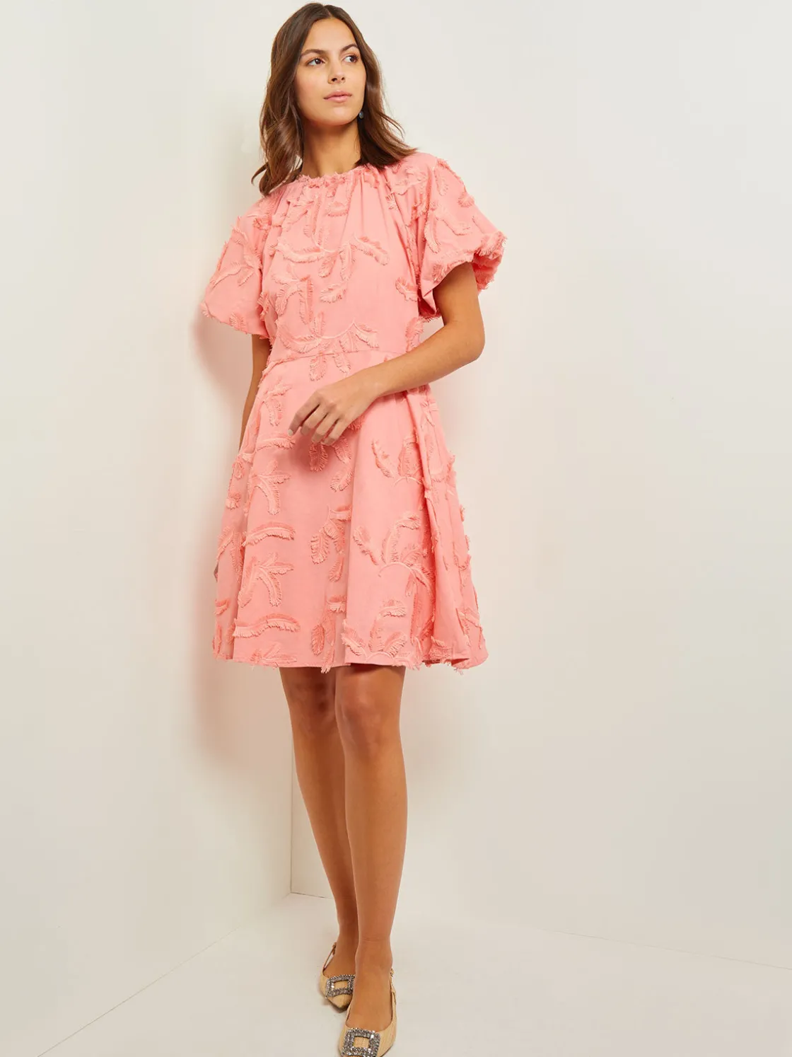 Misook Dresses|Mini Fit & Flare Dress - Puff Sleeve Fringe Applique Cotton