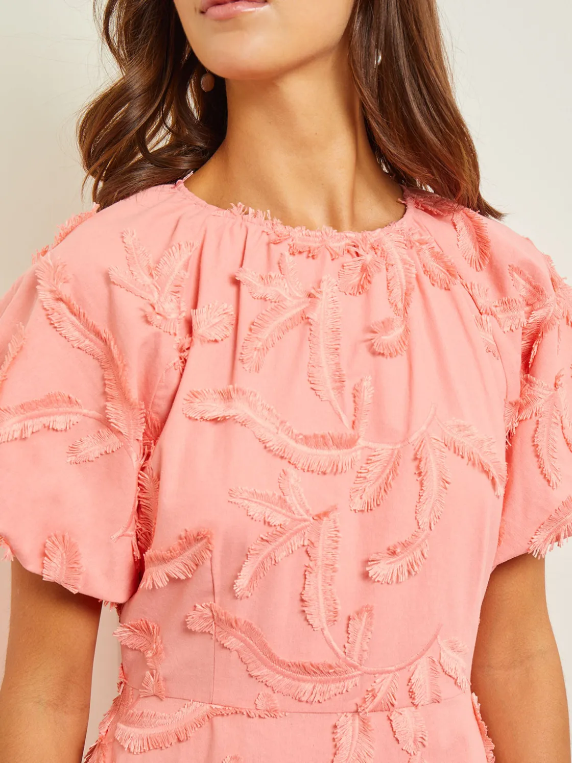 Misook Dresses|Mini Fit & Flare Dress - Puff Sleeve Fringe Applique Cotton