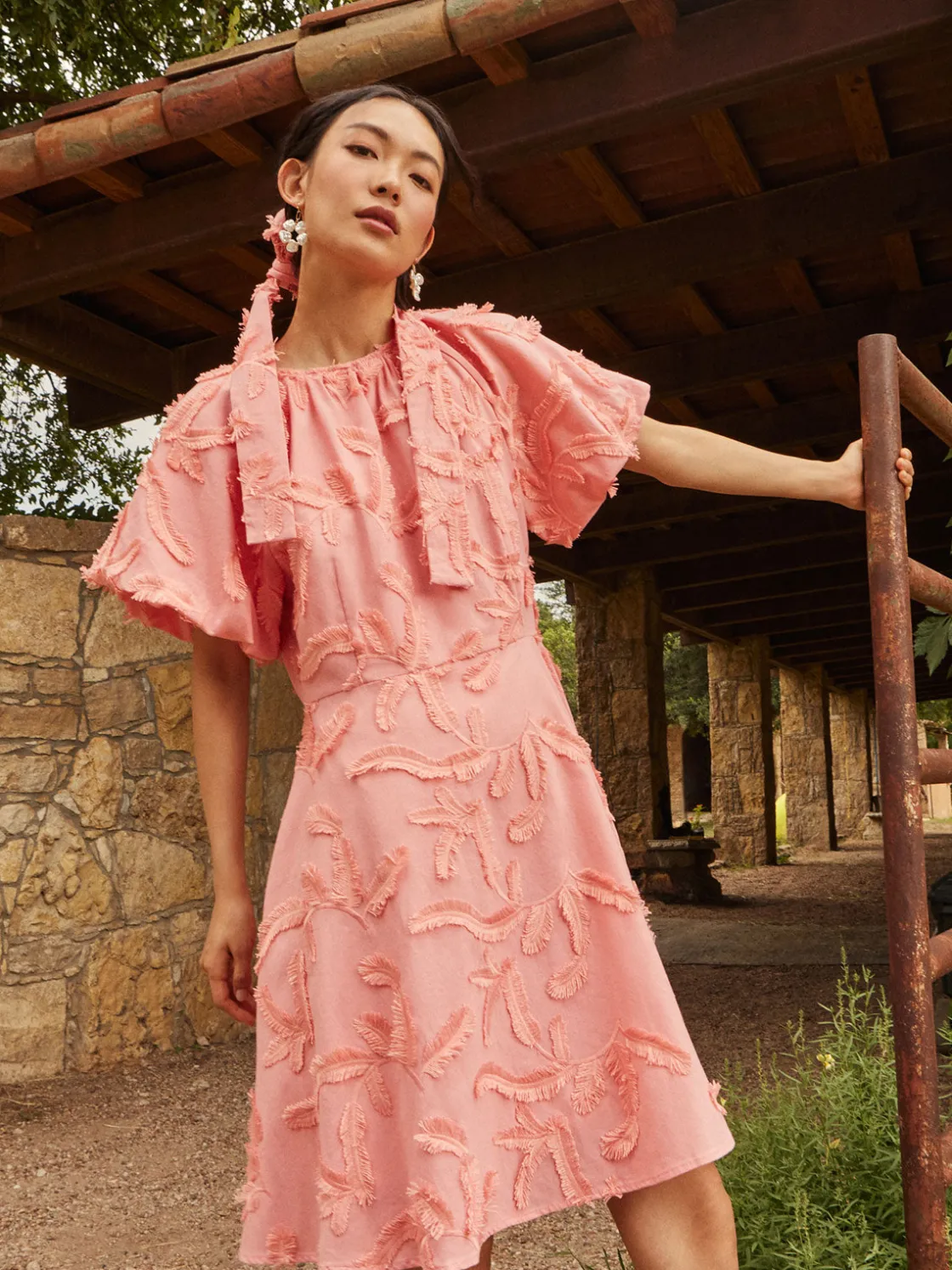 Misook Dresses|Mini Fit & Flare Dress - Puff Sleeve Fringe Applique Cotton