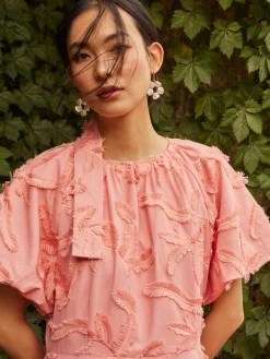 Misook Dresses|Mini Fit & Flare Dress - Puff Sleeve Fringe Applique Cotton