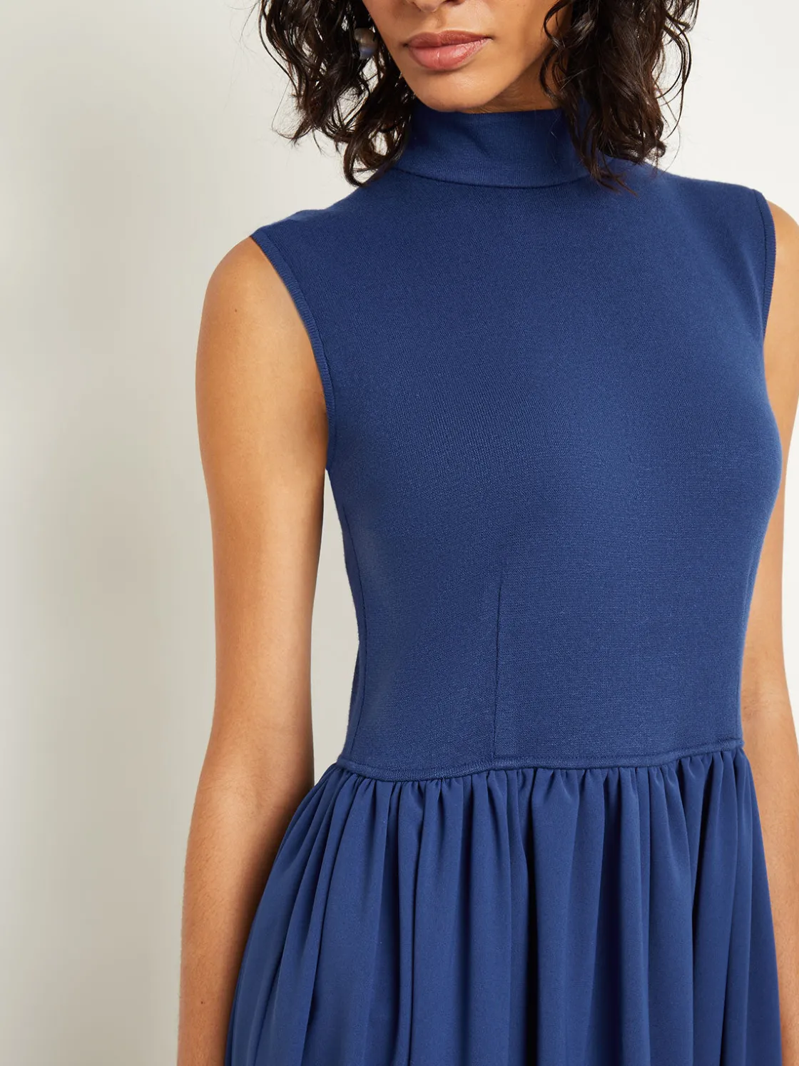 Misook Dresses|Mixed Media Fit-and-Flare Sleeveless Midi Dress