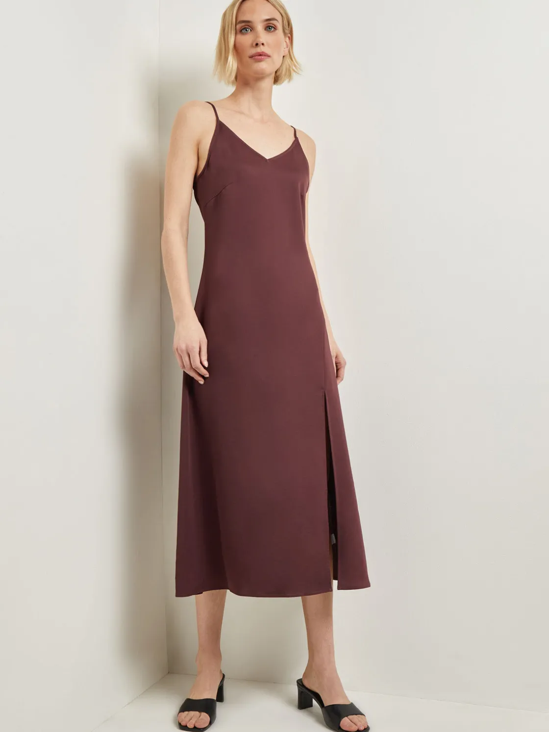 Misook Dresses|Modern Fit A-Line Crepe de Chine Slip Maxi Dress