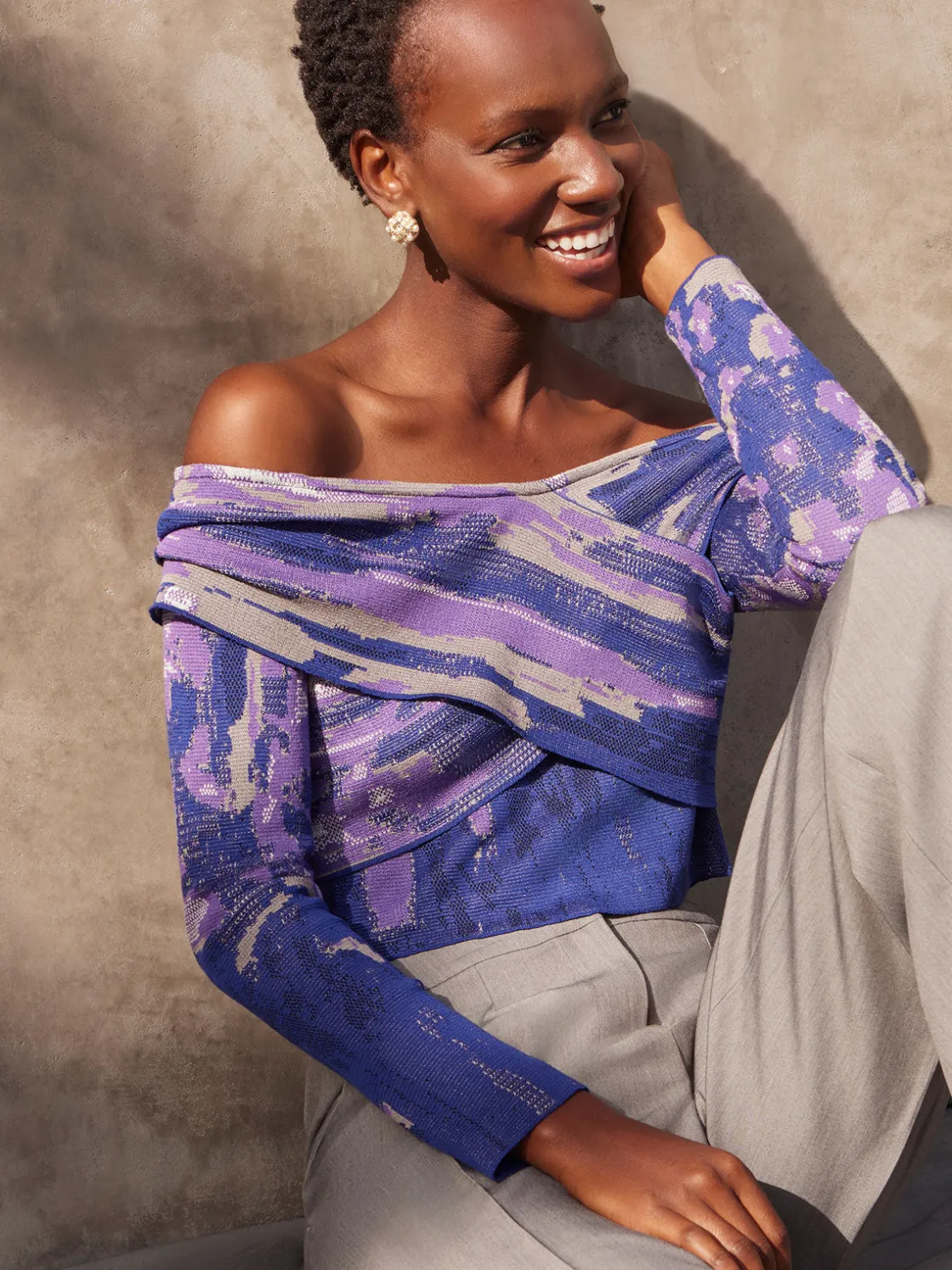 Misook Tops & Tees|Modern Fit Cropped Cross Body Watercolor Soft Knit Top