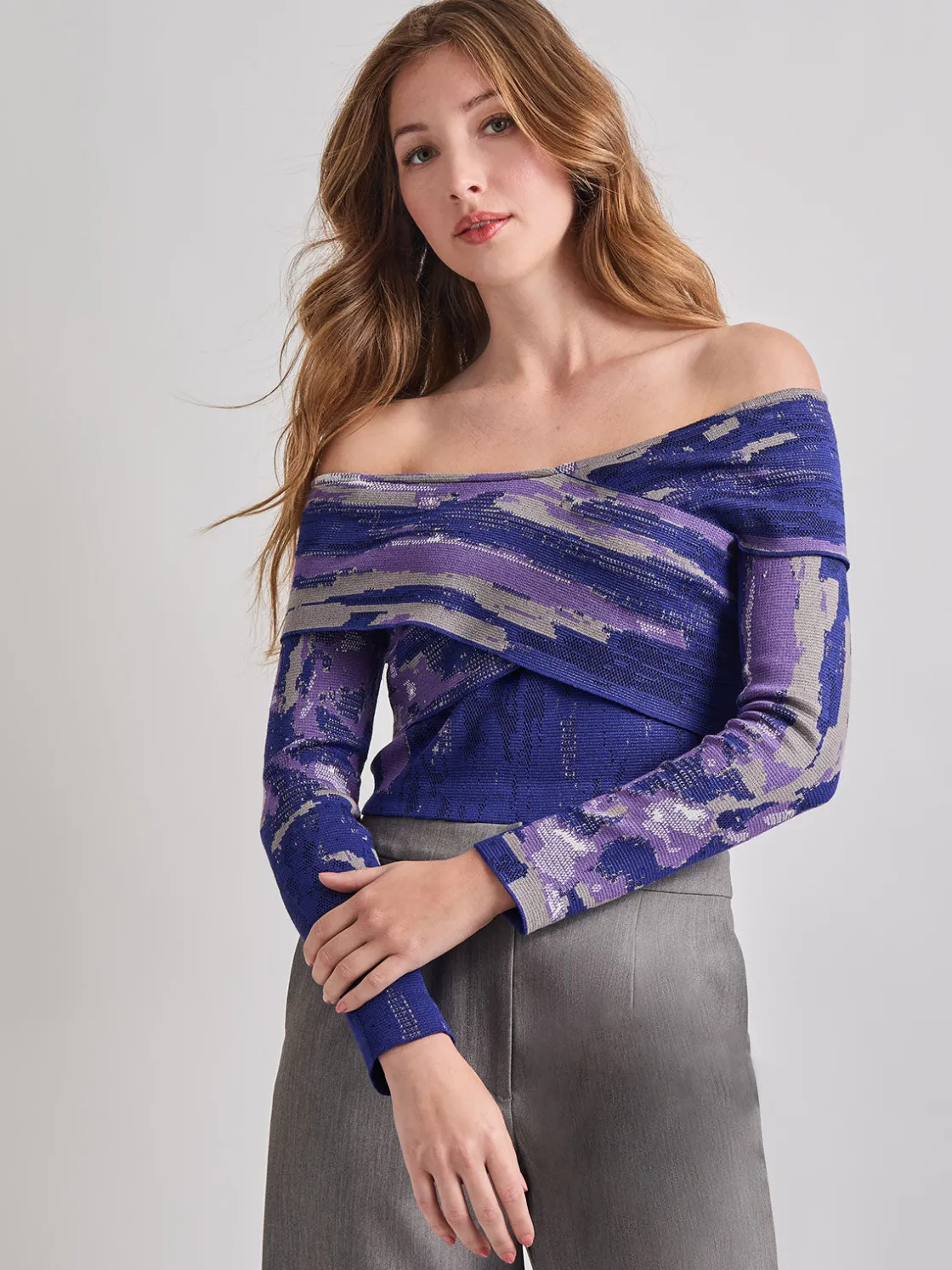 Misook Tops & Tees|Modern Fit Cropped Cross Body Watercolor Soft Knit Top