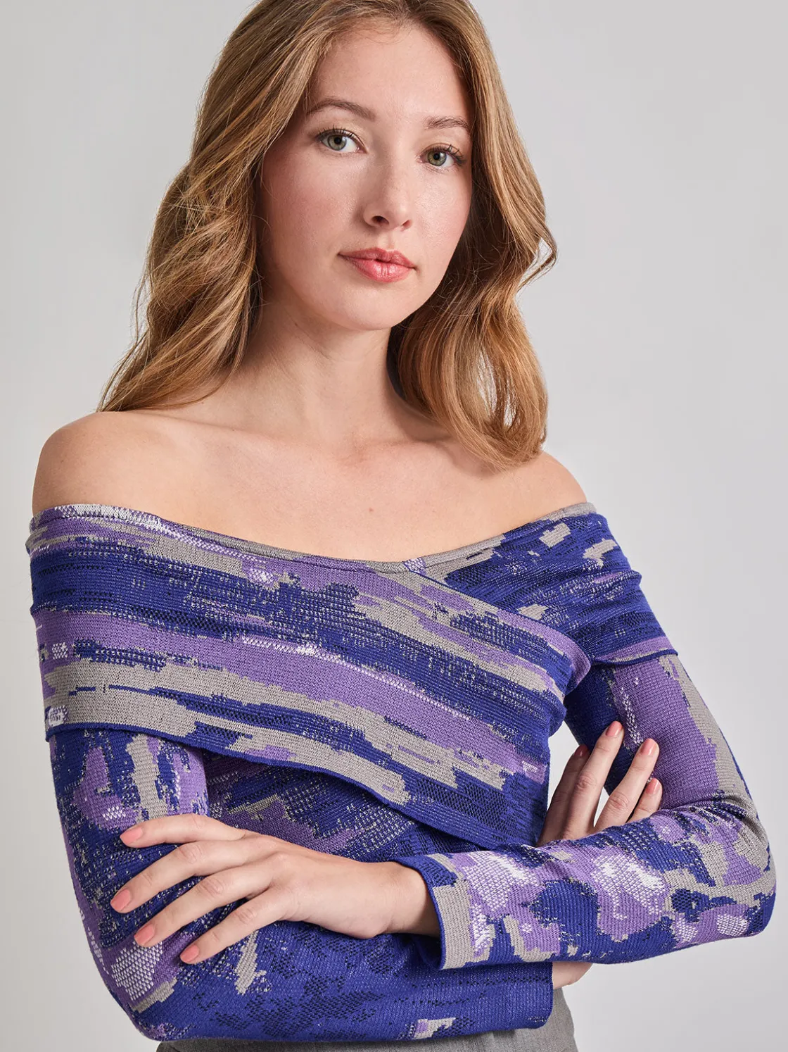 Misook Tops & Tees|Modern Fit Cropped Cross Body Watercolor Soft Knit Top