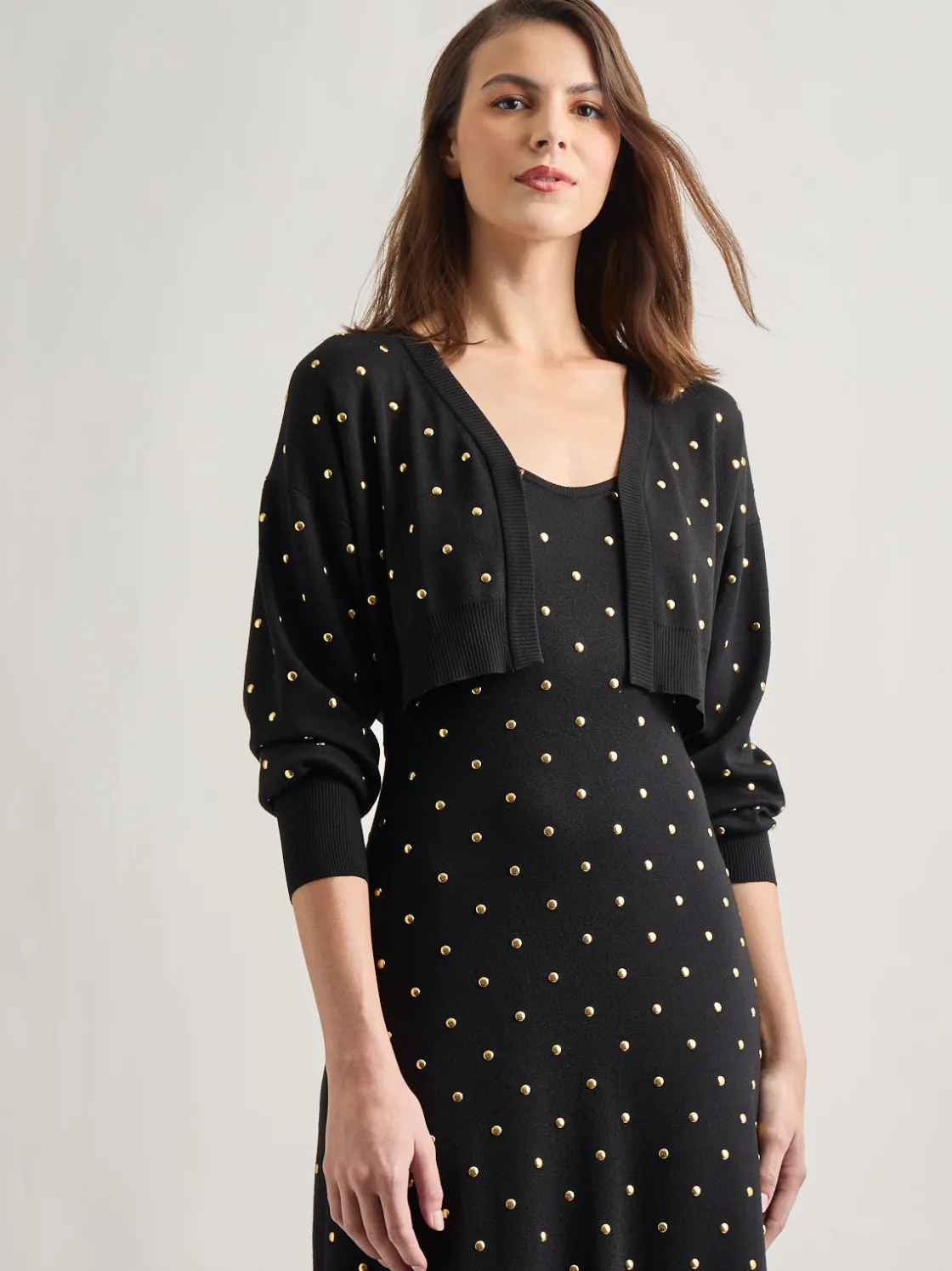 Misook Jackets & Coats|Modern Fit Cropped Gold Studded Soft Knit Cardigan