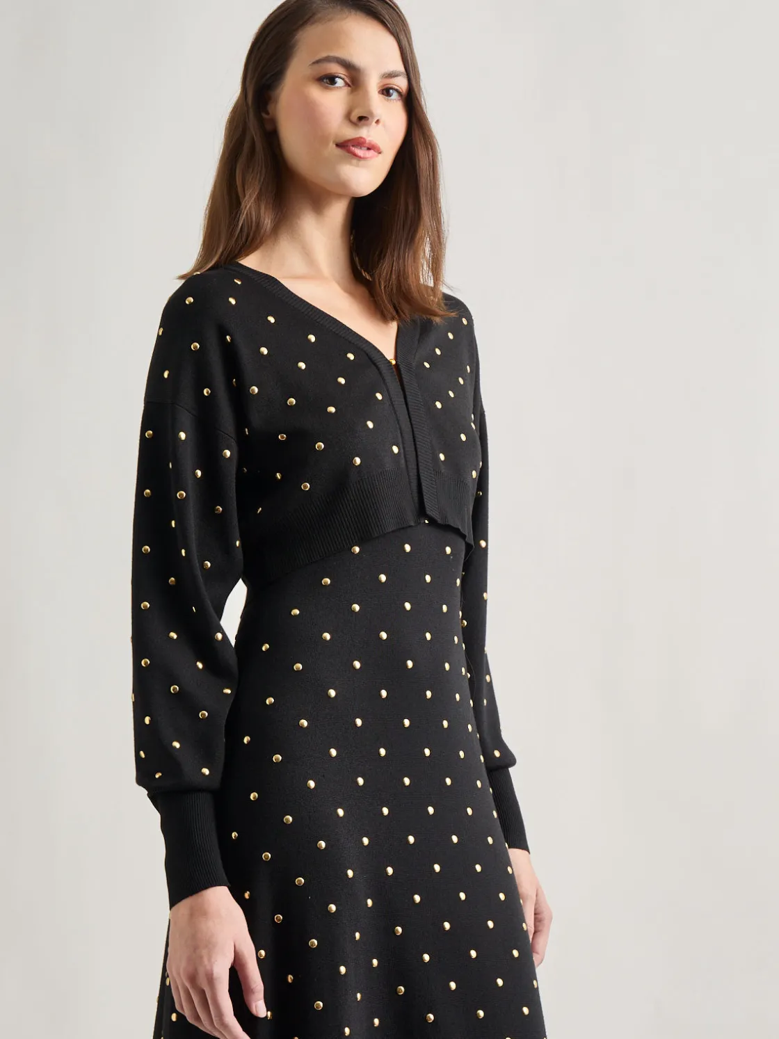 Misook Jackets & Coats|Modern Fit Cropped Gold Studded Soft Knit Cardigan