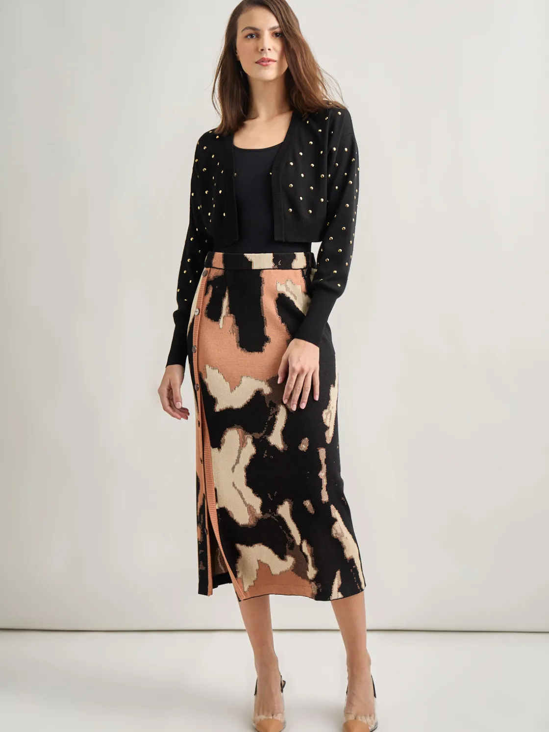 Misook Jackets & Coats|Modern Fit Cropped Gold Studded Soft Knit Cardigan