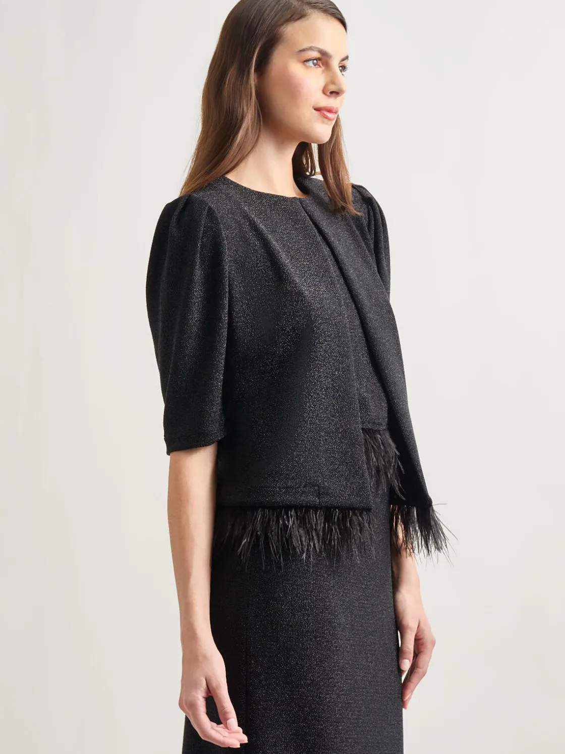 Misook Jackets & Coats|Modern Fit Ostrich Feather Trim Stretch Woven Jacket