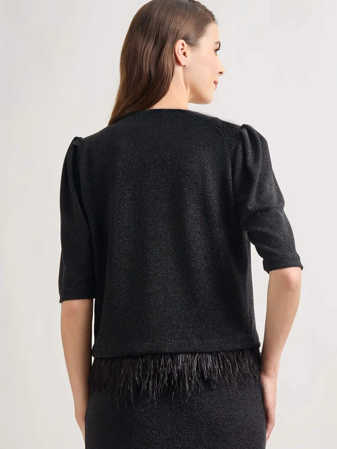 Misook Jackets & Coats|Modern Fit Ostrich Feather Trim Stretch Woven Jacket