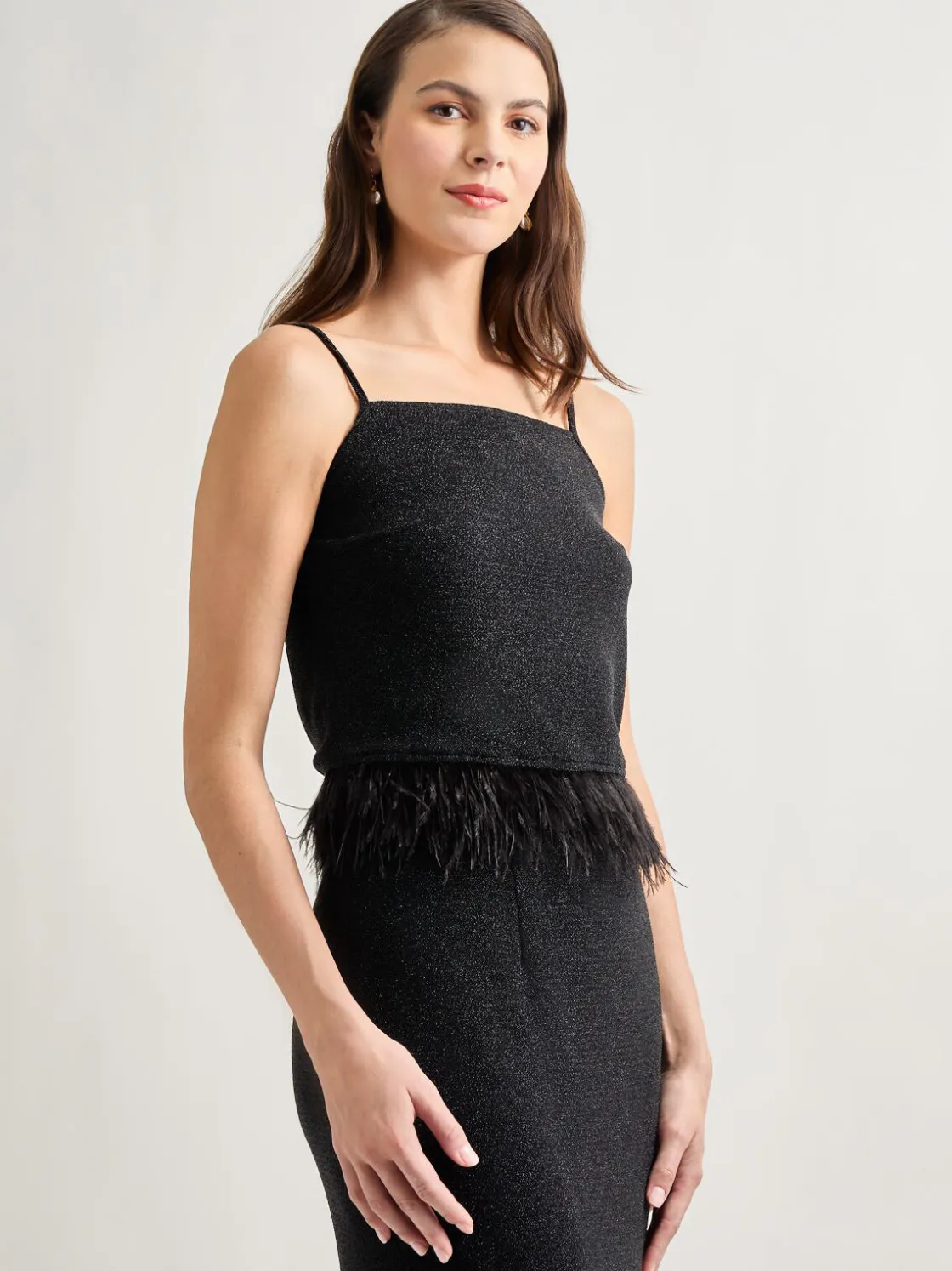 Misook Tops & Tees|Tanks|Modern Fit Ostrich Feather Trim Stretch Woven Tank