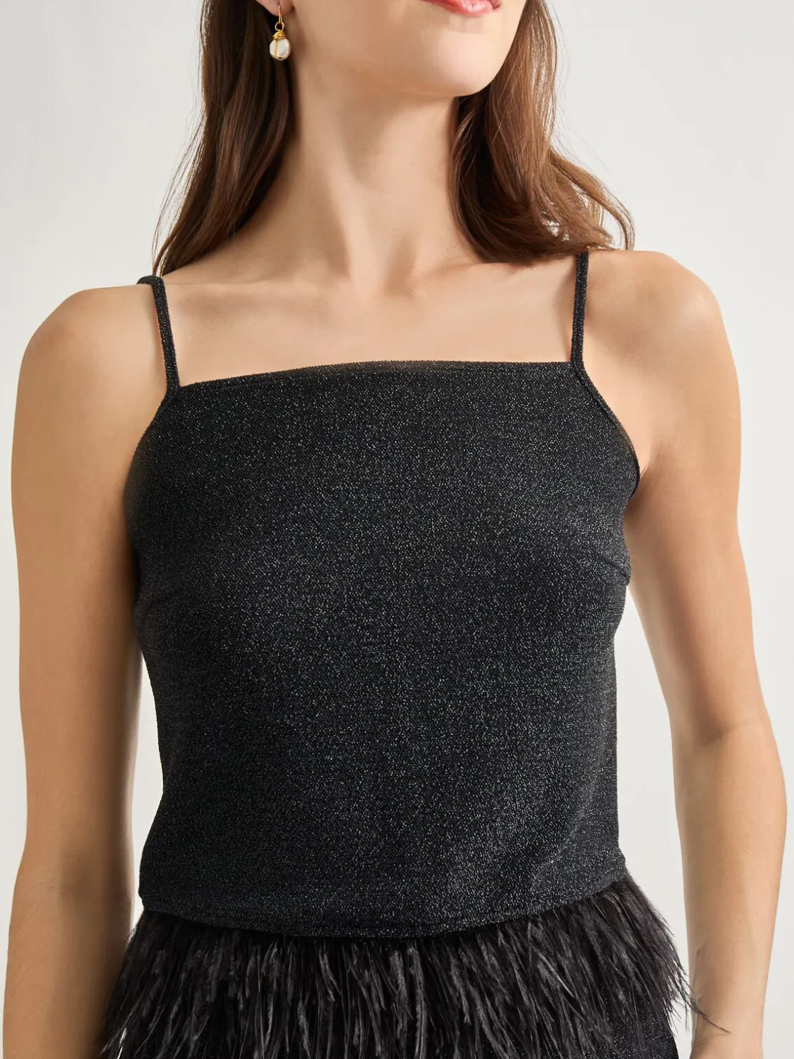 Misook Tops & Tees|Tanks|Modern Fit Ostrich Feather Trim Stretch Woven Tank