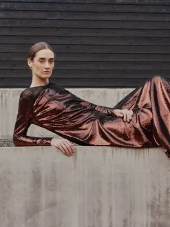 Misook Dresses|Modern Fit Sheer Shoulder Sequin A-Line Maxi Dress