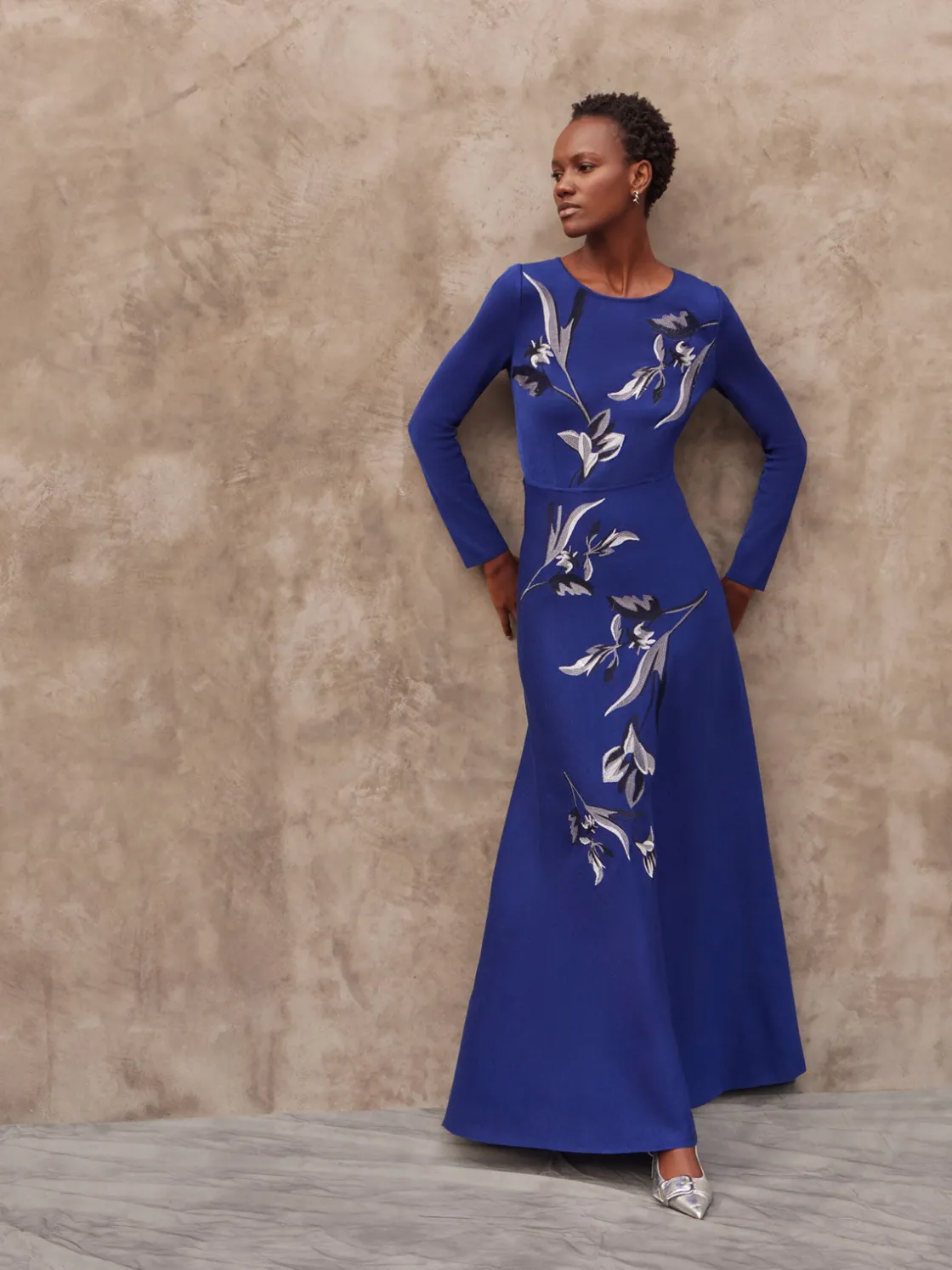 Misook Dresses|Modern Fit-and-Flare Embroidered Floral Knit Maxi Dress