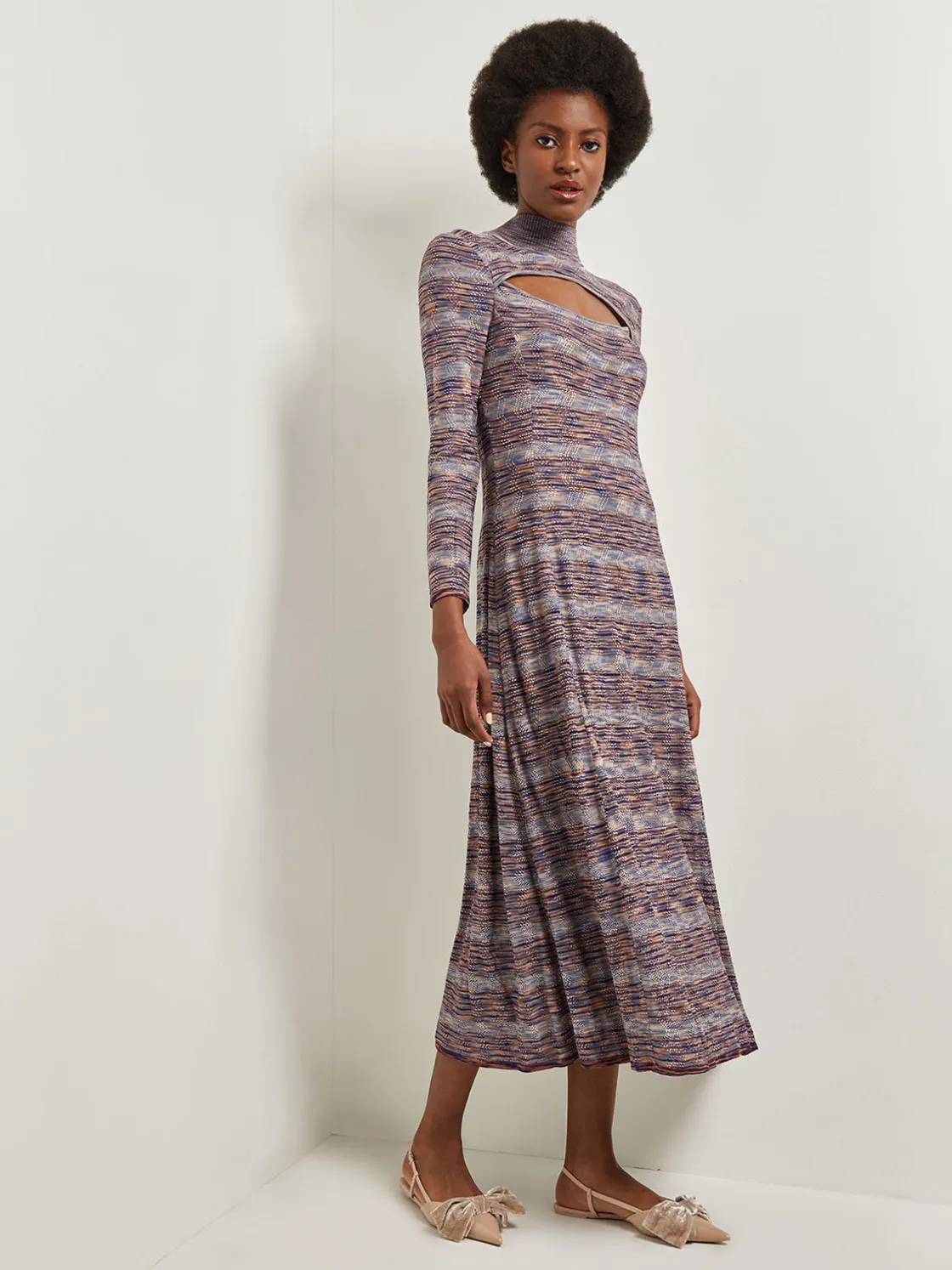 Misook Dresses|Modern Fit-and-Flare Melange Knit Cutout Maxi Dress