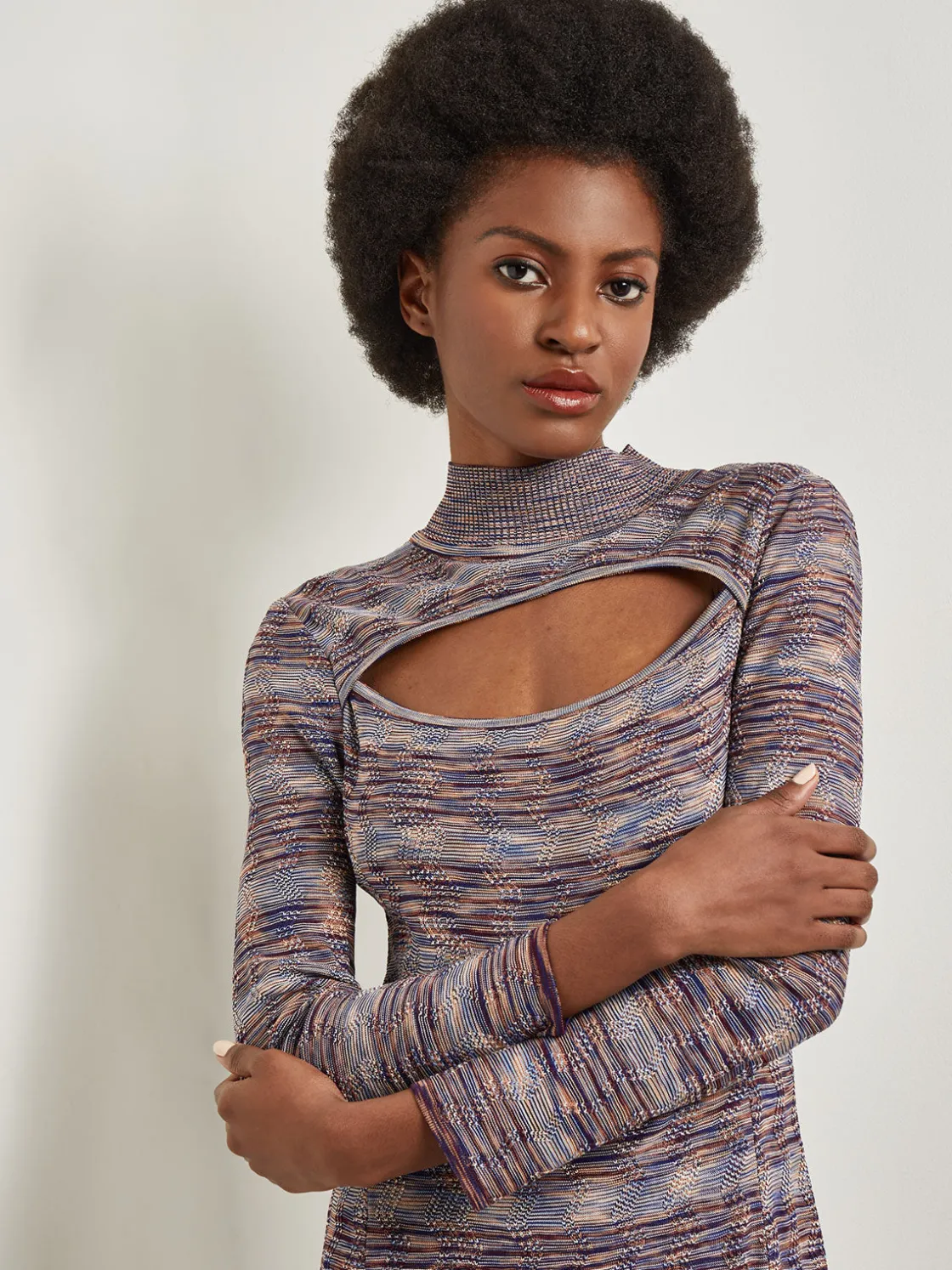 Misook Dresses|Modern Fit-and-Flare Melange Knit Cutout Maxi Dress
