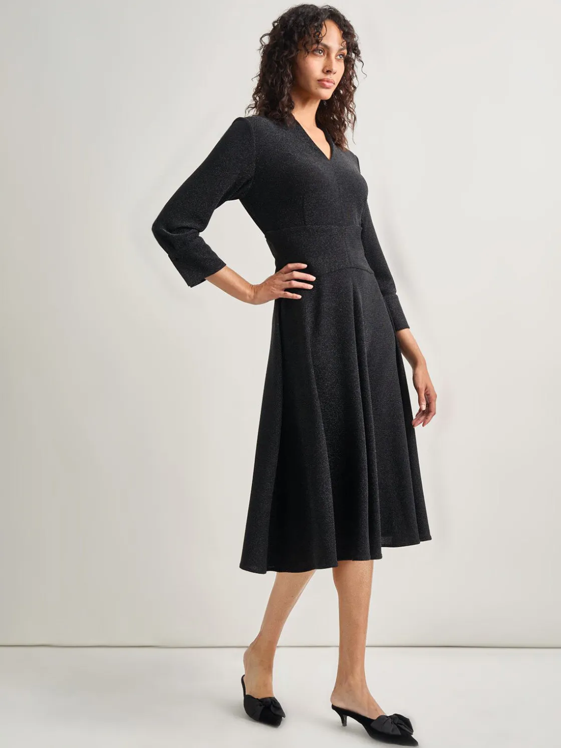Misook Dresses|Modern Fit-and-Flare Sparkle Stretch Woven Midi Dress