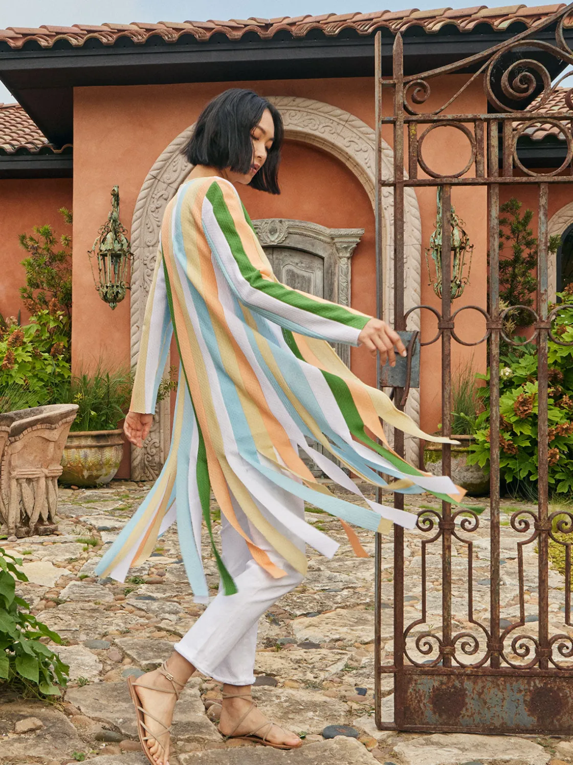 Misook Jackets & Coats|Open Neck Heritage Fit Jacket - Striped Intarsia Knit Fringe Hem