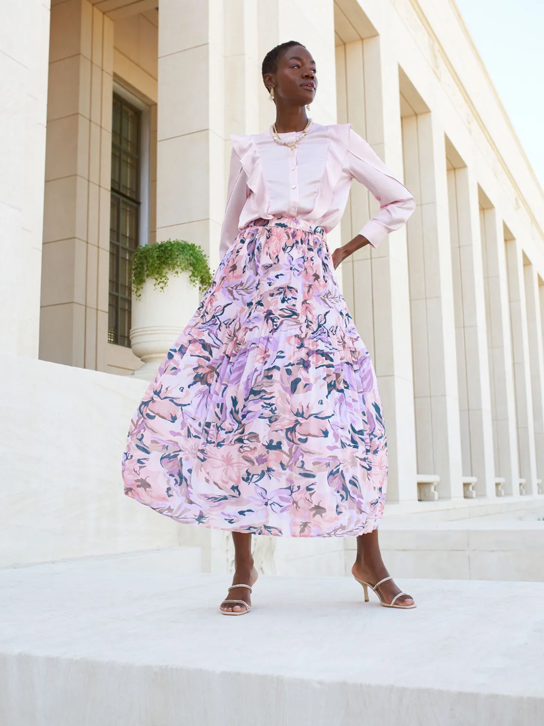 Misook Skirts|Pink Pleated Skirt - Floral Maxi Skirt |