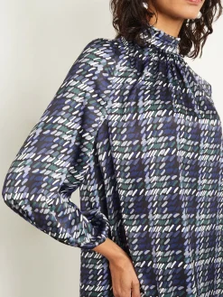 Misook Dresses|Pleated Mock Neck Crepe de Chine Printed A-Line Dress