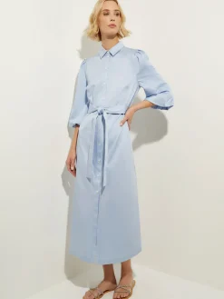 Misook Dresses|Puff Sleeve Cotton Midi Shirtdress