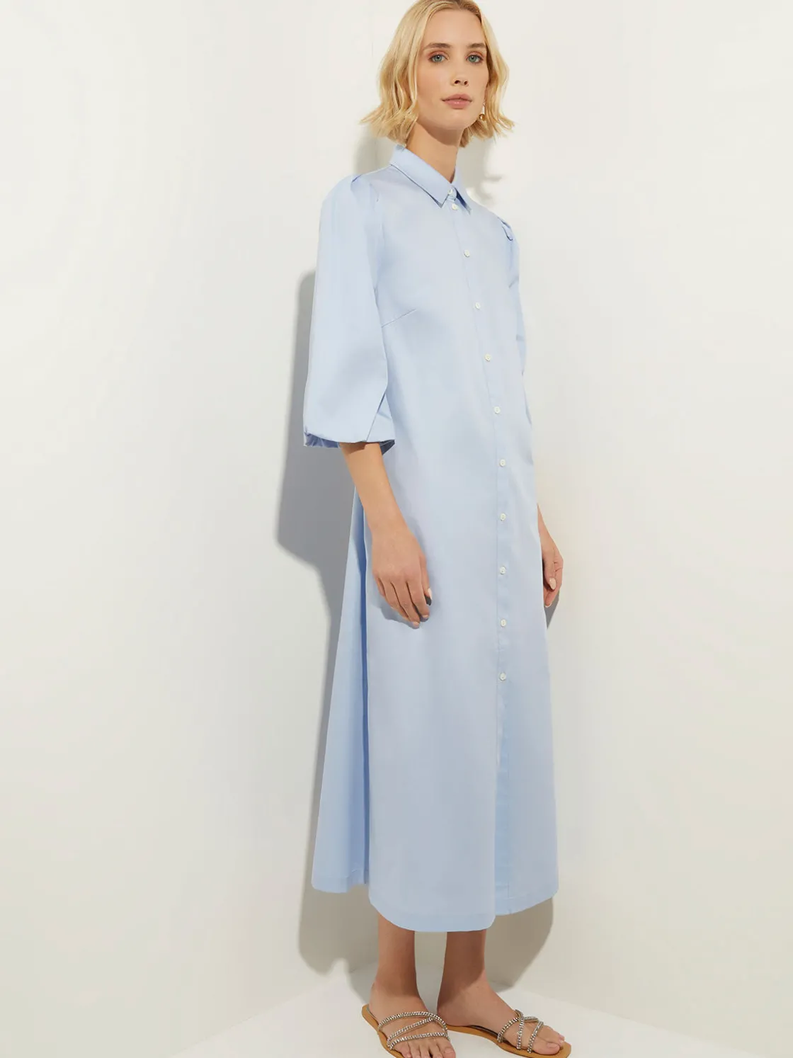 Misook Dresses|Puff Sleeve Cotton Midi Shirtdress