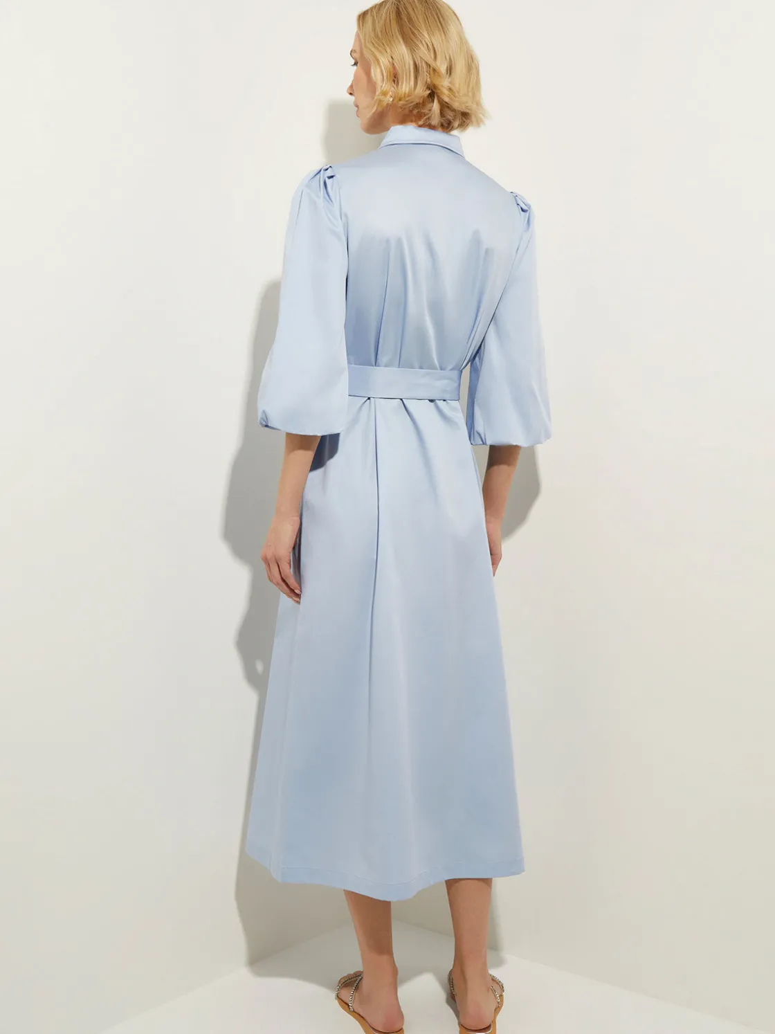 Misook Dresses|Puff Sleeve Cotton Midi Shirtdress