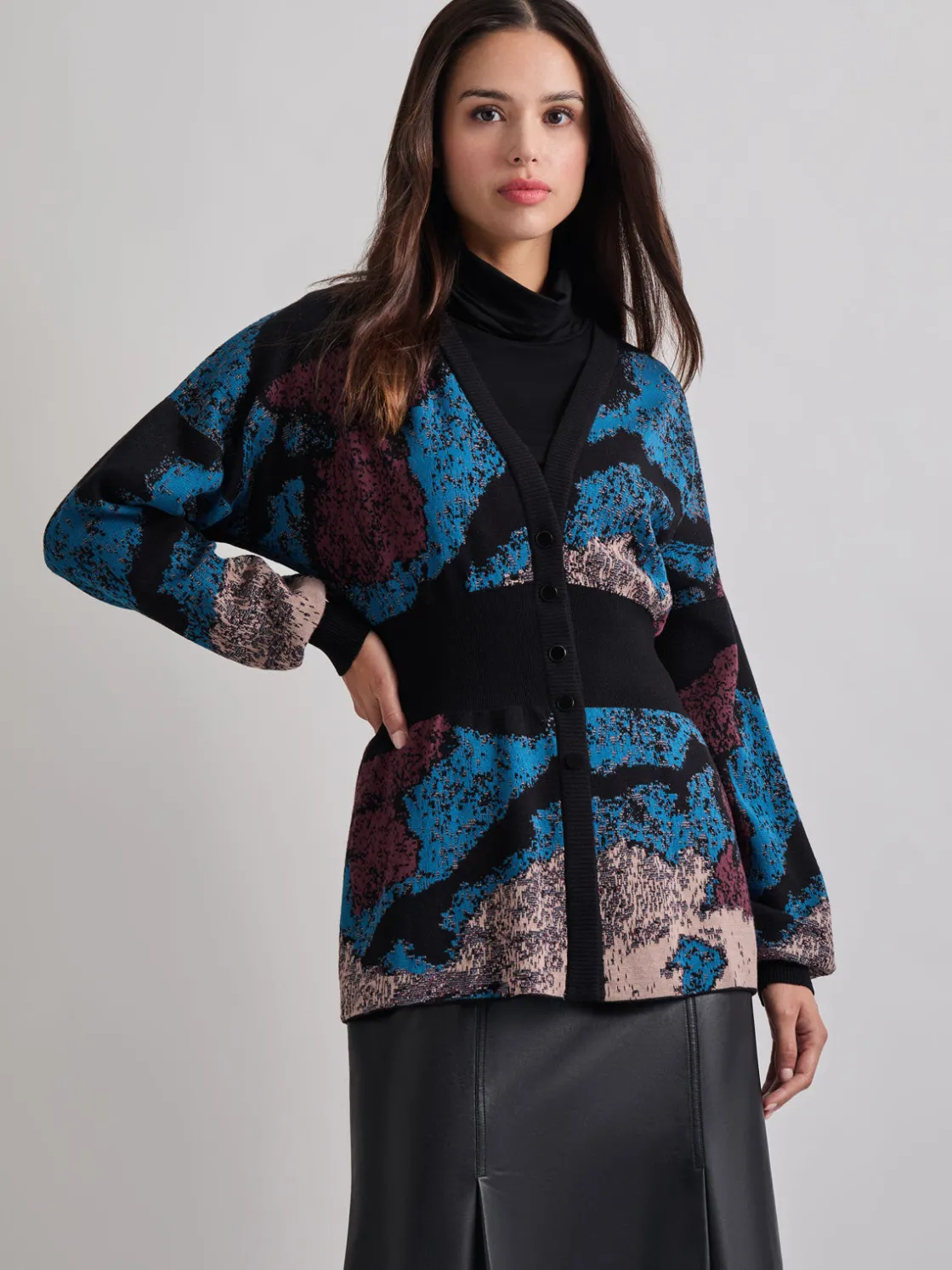 Misook Jackets & Coats|Relaxed Fit Abstract Inset Waist Jacquard Knit Cardigan