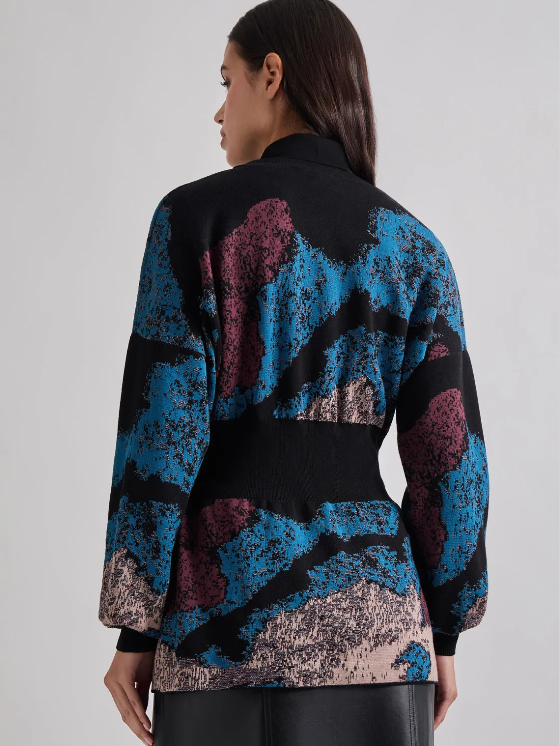 Misook Jackets & Coats|Relaxed Fit Abstract Inset Waist Jacquard Knit Cardigan