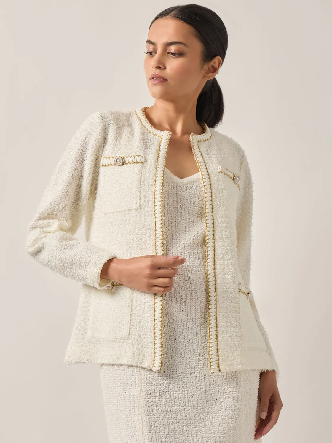 Misook Jackets & Coats|Relaxed Fit Boucle Lurex Crochet Trim Knit Jacket