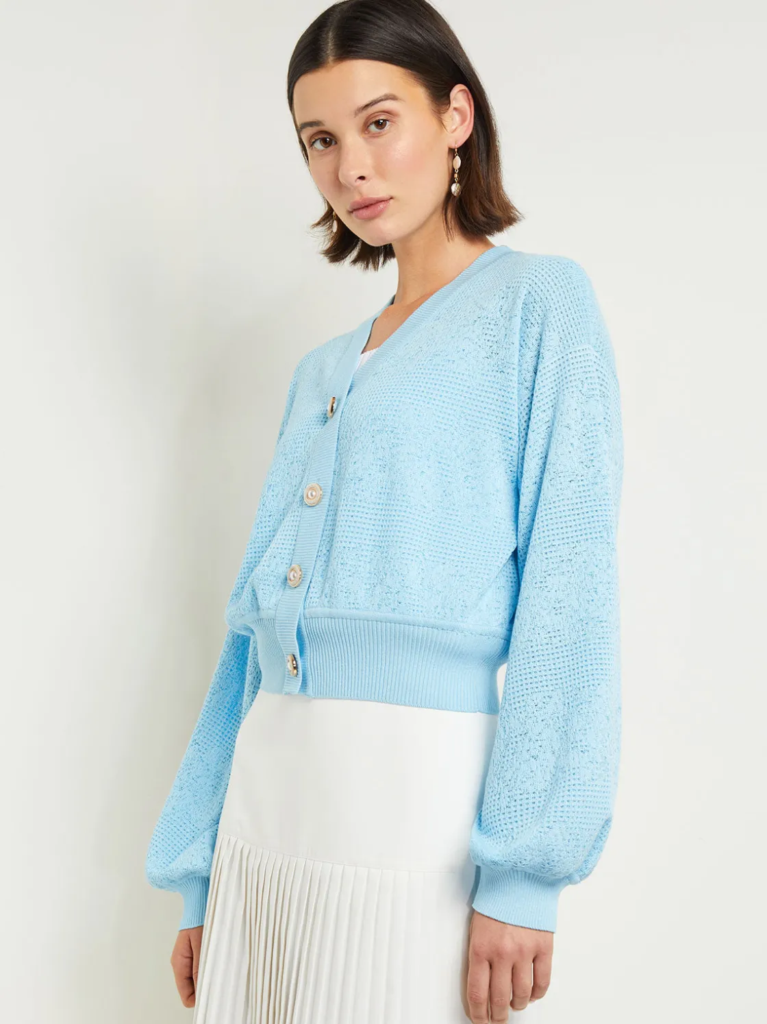 Misook Jackets & Coats|Relaxed Fit Button Front Jacket - Balloon Sleeve Soft Burnout Knit
