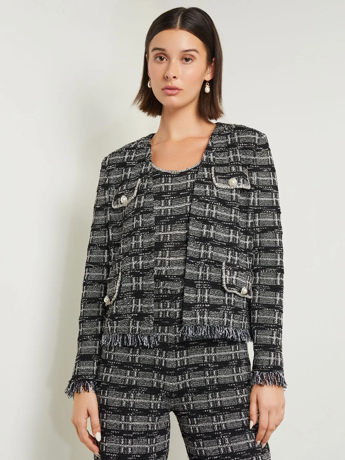 Misook Jackets & Coats|Rhinestone Accent Fringe Tweed Knit Jacket