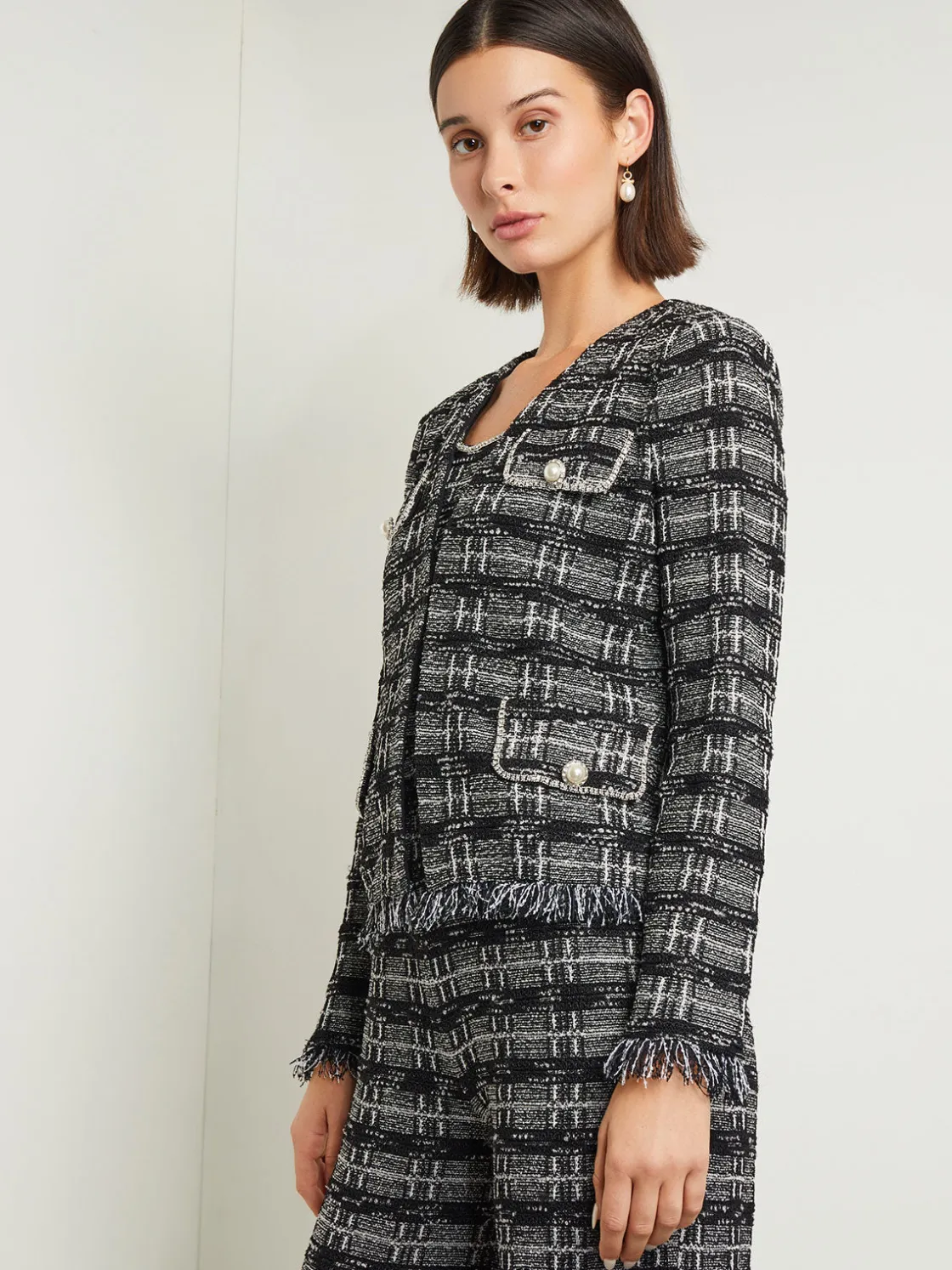 Misook Jackets & Coats|Rhinestone Accent Fringe Tweed Knit Jacket