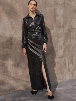 Misook Skirts|Sequin Novelty Woven Straight Maxi Skirt