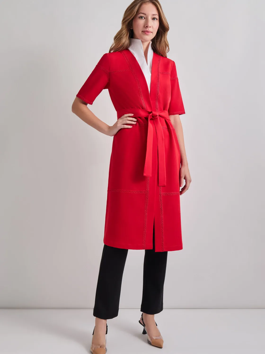Misook Jackets & Coats|Short Sleeve Belted Stretch Crepe Duster