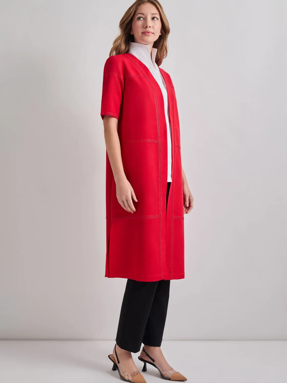Misook Jackets & Coats|Short Sleeve Belted Stretch Crepe Duster