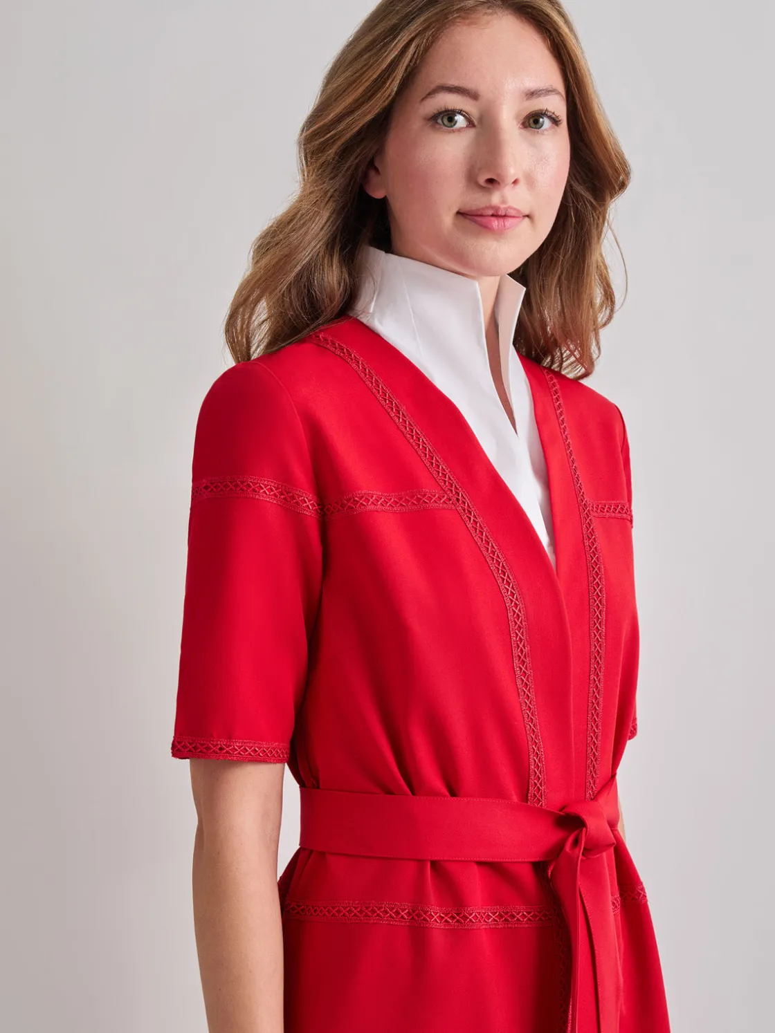 Misook Jackets & Coats|Short Sleeve Belted Stretch Crepe Duster