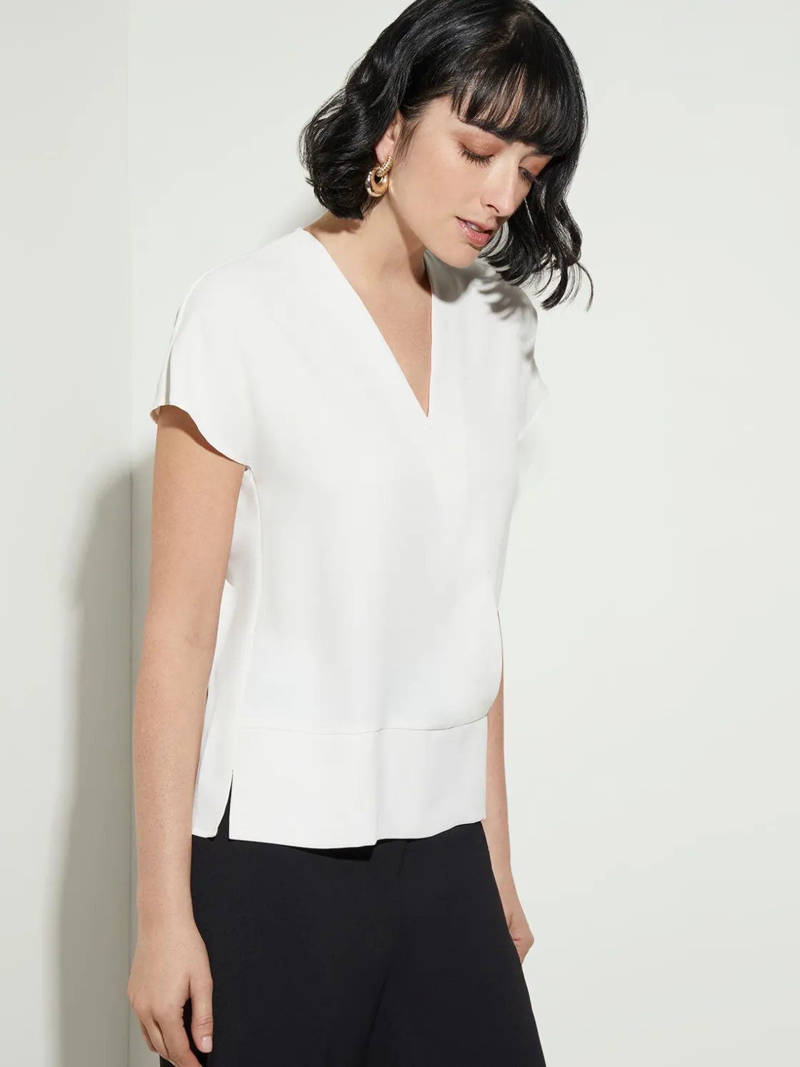 Misook Blouses & Shirts|Tops & Tees|Short Sleeve V-Neck Crepe de Chine Blouse