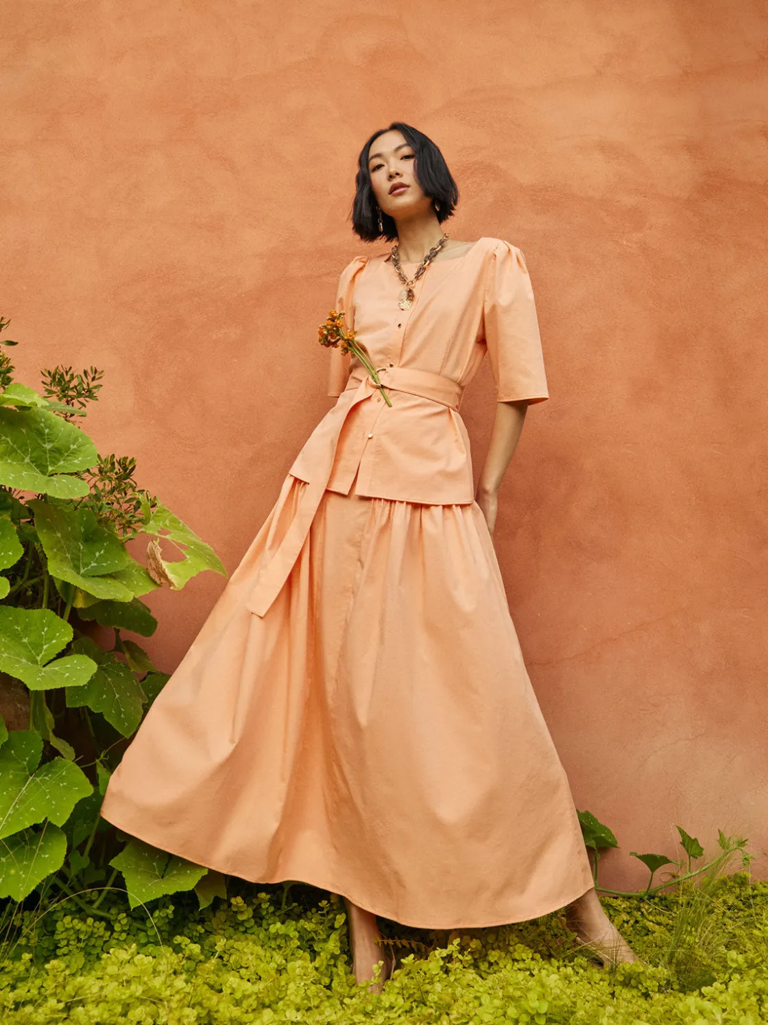 Misook Blouses & Shirts|Tops & Tees|Square Neck Button Front Blouse - Belted Faux Cupro Silk