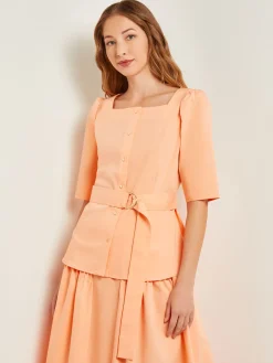 Misook Blouses & Shirts|Tops & Tees|Square Neck Button Front Blouse - Belted Faux Cupro Silk