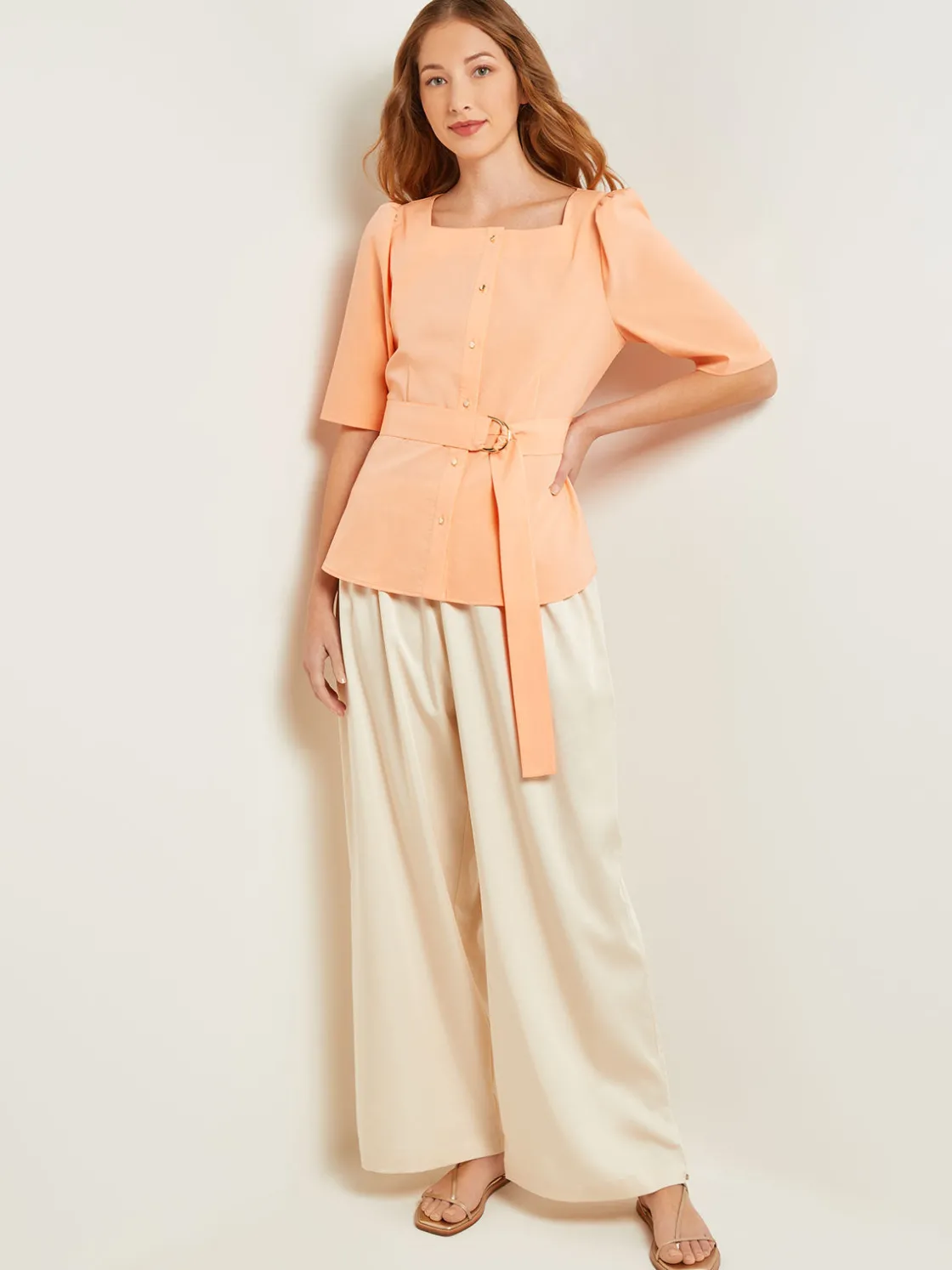 Misook Blouses & Shirts|Tops & Tees|Square Neck Button Front Blouse - Belted Faux Cupro Silk