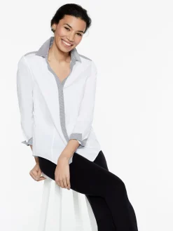 Misook Blouses & Shirts|Tops & Tees|Stripe Trim Stretch Cotton Button-Up Shirt