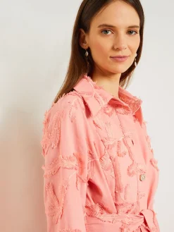 Misook Jackets & Coats|Tailored Fit Button Front Jacket - Belted Fringe Applique Cotton