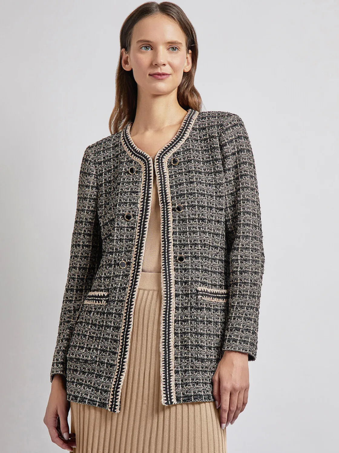 Misook Jackets & Coats|Tailored Fit Contrast Trim Tweed Knit Jacket