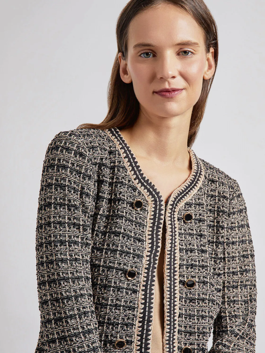 Misook Jackets & Coats|Tailored Fit Contrast Trim Tweed Knit Jacket