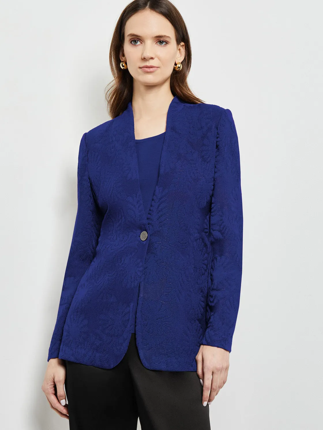 Misook Jackets & Coats|Tailored Fit One-Button Jacquard Knit Jacket