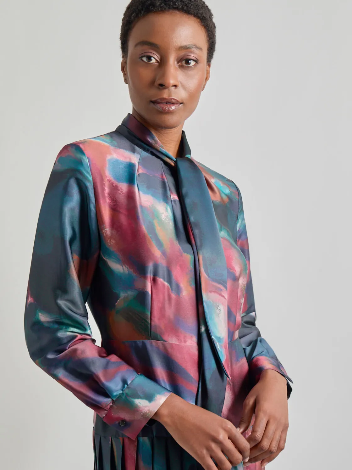 Misook Dresses|Tie Neck Pleated A-Line Maxi Dress